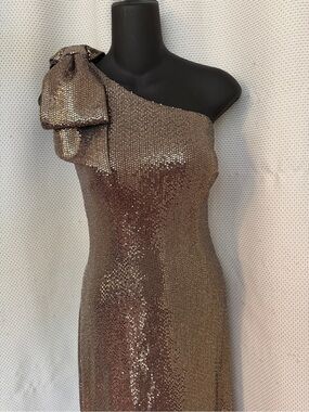 Eliza J One-Shoulder Metallic Bronze Bow-Accent Maxi Dress